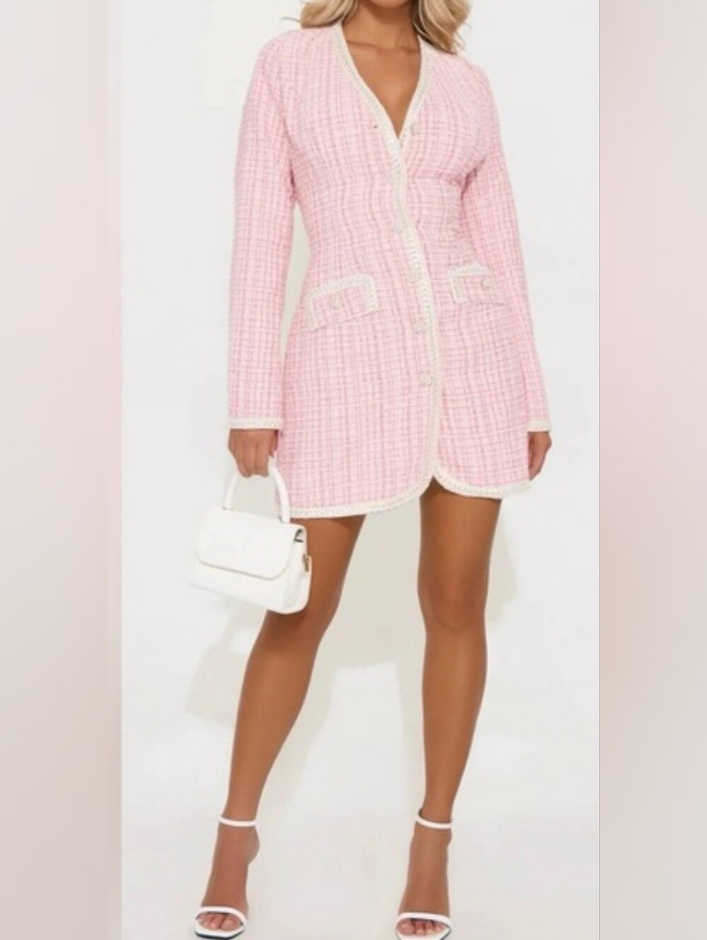 Fashion Nova Pink Tweed Button-Front Dress with White Trim